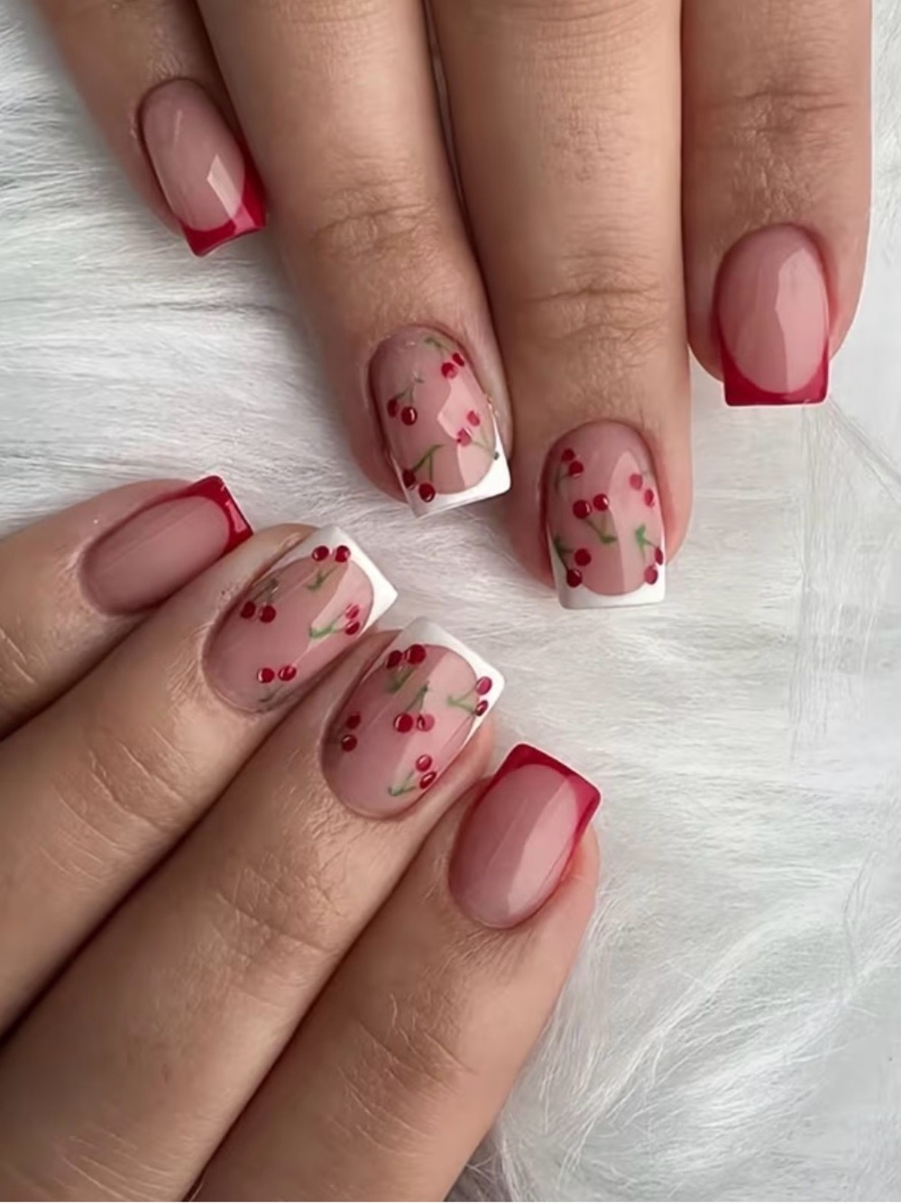 Cherry Accent French Nails - Red & White